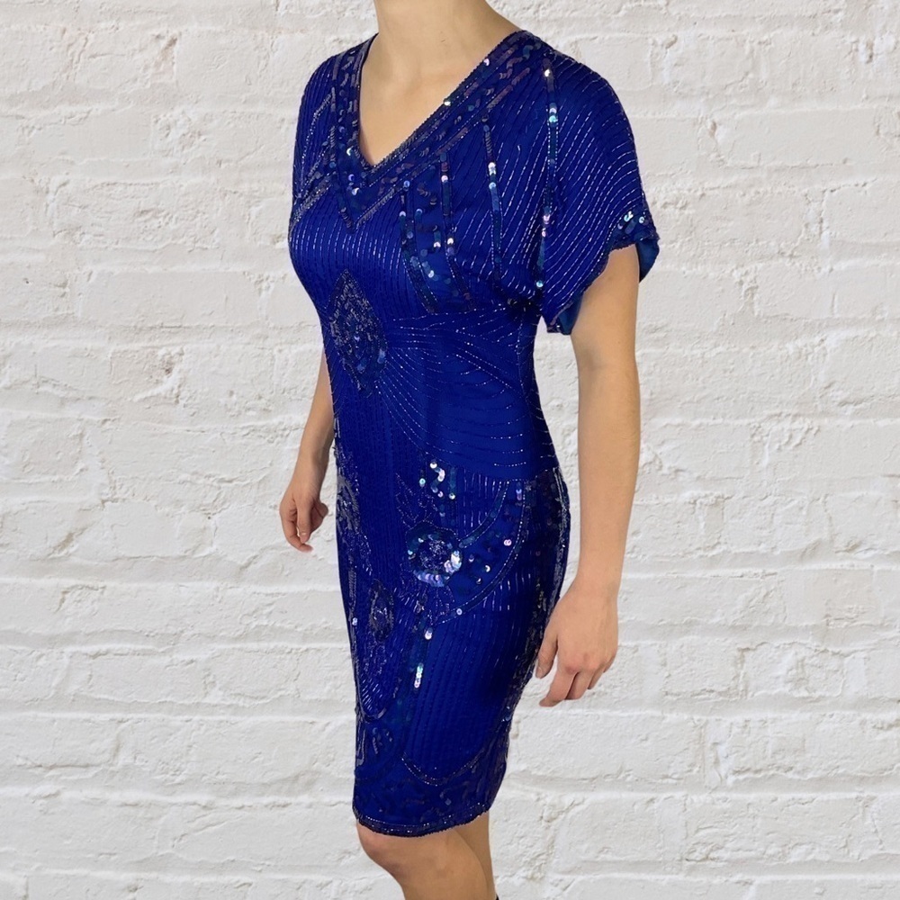 SCALA Milan Paris Los Angeles blue silk sequin vintage dress, New With Tags! - Picture 9 of 12